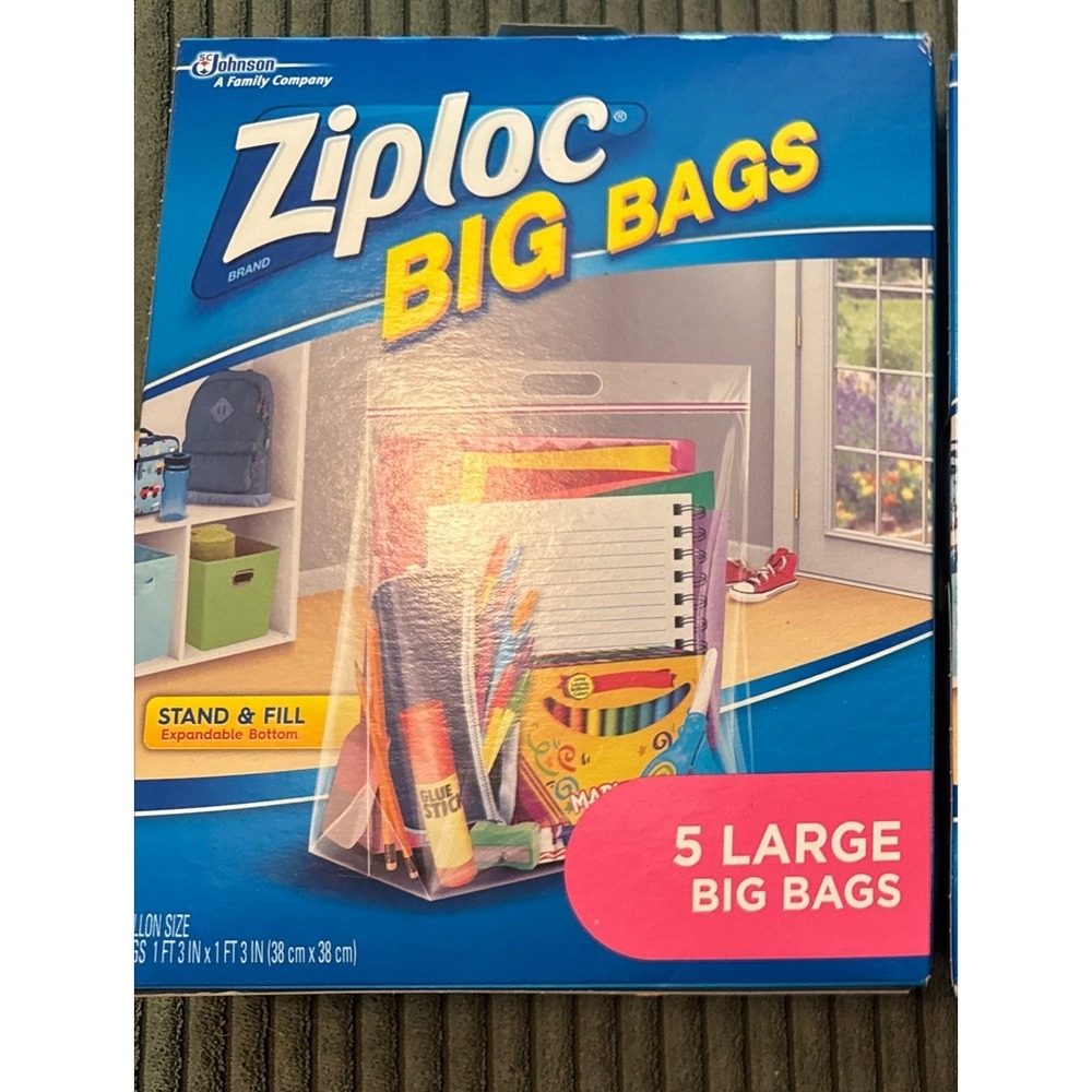 Ziploc Big Bags Large Size 3-Gallon Heavy Duty Zipper Storage 15" x 15" 5-Pack